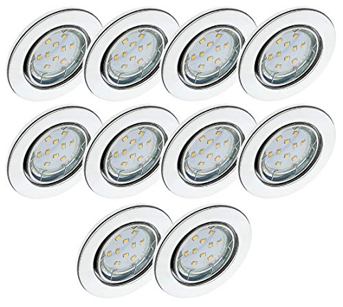 Trango Juego de 10 Luz empotrada LED cromo redondo TG6729-108GU5SD con bombillas LED regulables de 3 pasos 3000K blanco cálido, luces empotradas, focos de techo, focos empotrados, luz de techo