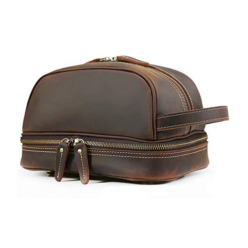 TRYGOON Bolso de Mano de Cuero Genuino para Hombre, Bolso de baño de Viaje de Gran Capacidad, Bolso de Almacenamiento de Cuero de Caballo Loco Retro, Bolso de Piel de Vaca