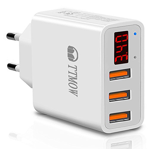 TTMOW Cargador USB de Pared con Pantalla LCD Visualización, Corriente Máxima De 2,4A por Cada Puerto (5V/3.4A), Compatible con iPhone, iPad, Samsung y Más teléfonos Inteligentes (Blanco)