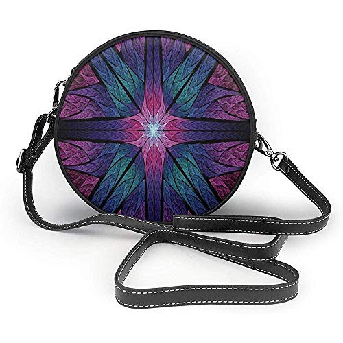 TURFED Bolso de hombro redondo de PU Fractal Psicodélico Colorido Sagrado Simétrico Vidriera Figura Diseño artístico vibrante Bolso de hombro de ciruela índigo