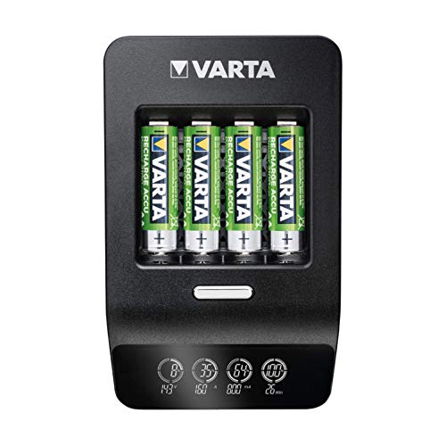 VARTA LCD Ultra Fast Charger+ (para AA/AA), una Sola Carga de la Pila, detección de células defectuosas, Puede ser usada en Todo el Mundo, Incluye 4 AA 2100mAh