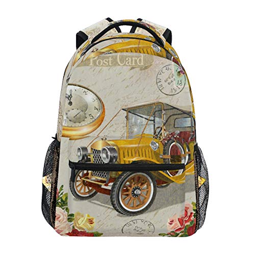 Vintage Retro Garaje Coche Flor Rosa Poste Tarjeta Casual Mochila Estudiante Escuela Bolsa Viaje Senderismo Camping portátil Mochila