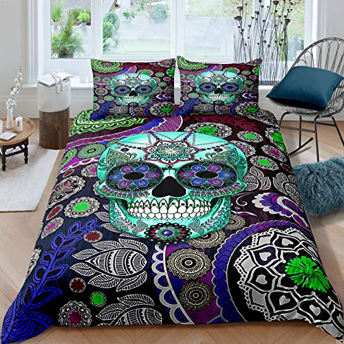 WONGS BEDDING Juego de Funda nórdica de Calavera Floral Impresa en 3D con Cierre de Cremallera Juego de 3 Piezas de Ropa de Cama Mandala y Calavera con 2 Fundas de Almohada King 220 * 230cm