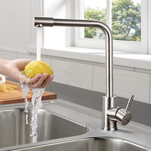 WOOHSE Grifo de Cocina de 360° Giratorio Grifería de Fregadero con Acero Inoxidable 304 Mezclador Monomando para Lavabo Mate Cepillado con Agua Fría y Caliente