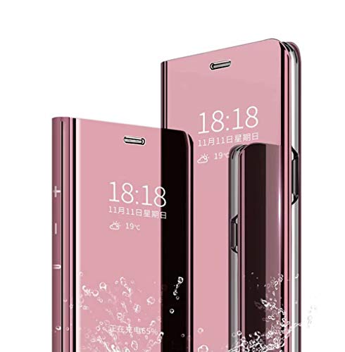 Wuzixi Funda para Xiaomi Redmi Note 9S. Inteligente Case, Espejo de la galjanoplastia Ultra Delgado Funda Cuero Flip, Caso Duro con del sueño/Despierte Función.Oro Rosa