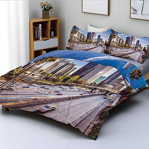 XINGAKA Bedding Juego de Funda de Edredón, Paisaje Urbano céntrico de Los Ángeles California EE. UU. Edificios de la Avenida Palmas Juego de Cama Decorativo de 3 Piezas Juego de 2 Almohadas