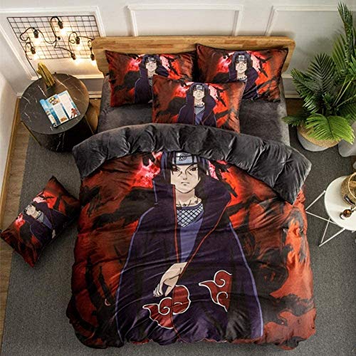 XWXBB Juego de ropa de cama 3D Anime Naruto Crystal Velvet 4 piezas, funda nórdica y funda de almohada Uchiha Itachi_1.2M (4 pies) estilo hoja (A01, individual 135 x 200 cm)