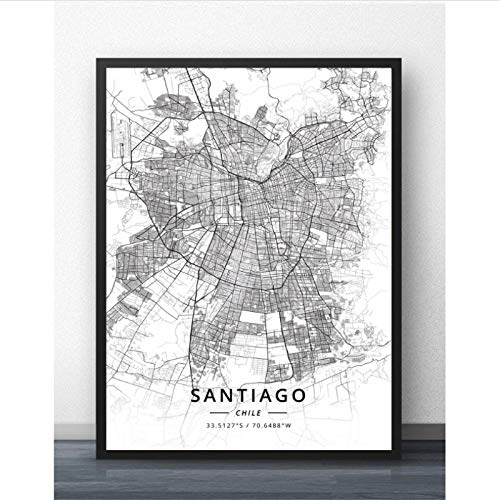 YF’PrintArt Impresiones En Lienzo, Póster Artístico De Pared con Mapa De La Ciudad De Santiago De Chile, Mural para Sala De Estar, Dormitorio, Dormitorio Infantil -50X70Cm Sin Bordes,(A177)