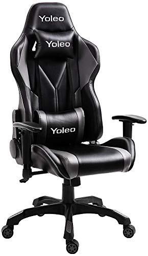 YOLEO Silla Gaming Profesional, Silla Ajustable Giratoria para Juegos, Poilipiel, Ergonómica, Carga Máxima de 150 kg, Negro-Gris