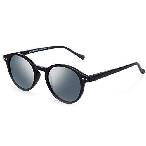 ZENOTTIC Gafas de sol Polarizadas Redondo Retrospectivo Clásico Retrospectivo Lentes de sol Marco UV400 Para hombres y mujeres (MATE NEGRO + GRIS)