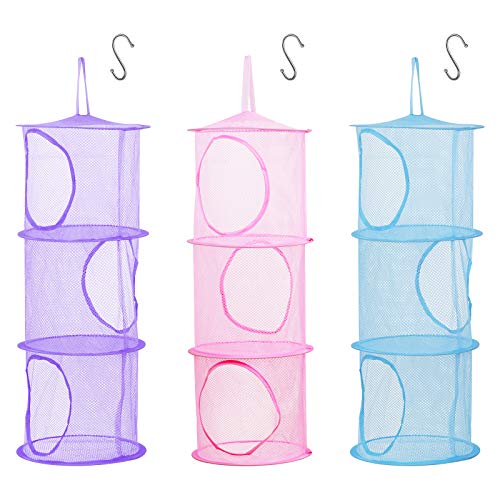 ZoomSky 3pcs Cesta de Almacenamiento de Malla Colgante Organizador de Juguetes de Ahorro de Espacio Plegable con 3pcs S Ganchos para Habitación de Niños Baño Pared Balcón Armario