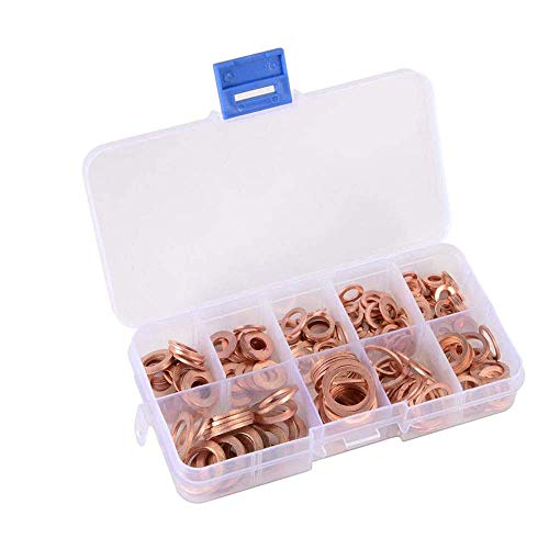 200 Pcs Arandelas de Cobre Junta Plana,Arandelas de Cobre Macizo,Juego de Juntas de Arandelas de Cobre,Incluye 9 TamañOs(M5-M14),Con Caja para Accesorios de Hardware,Es un Accesorio de Hardware Ideal