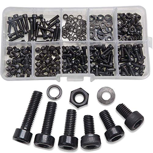 300 Piezas Tornillos Hexagonales M3, Tuercas Surtidas, Arandelas Con Caja de Plástico, Herramientas de Hardware, Piezas Mecánicas, para Maquinaria de Construcción, Negro