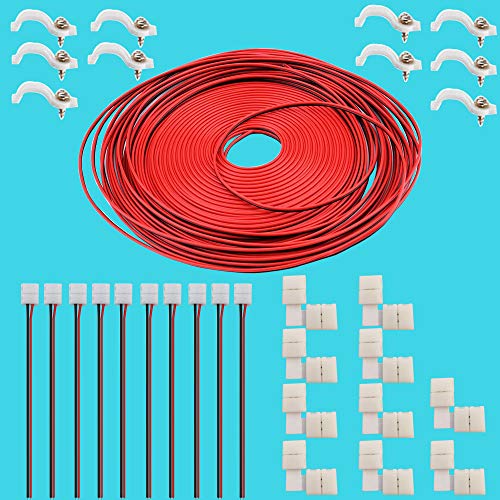 3528 8mm Kit de conector de tira de LED de 2pines | Incluye 10xconector de tira de LED Pigtail, 10xconectores en forma de L, cable de extensión de 32.8 pies, 20xclips de tira de LED