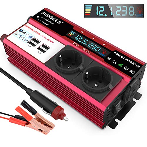 650W Inversor de Corriente, Convertidor de Voltaje Inversor DC 12V, 220V-240V AC Salida con 2 enchufes de la UE y 4 Puertos USB Que Incluyen Clips de batería de automóvil