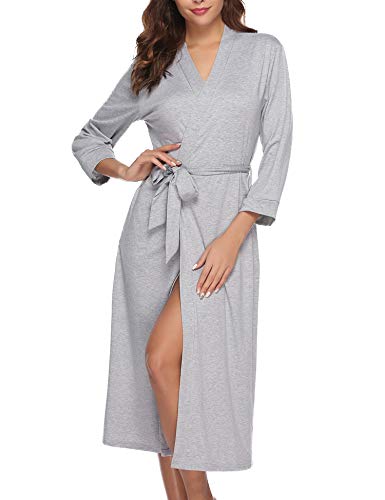 Abollria Bata para Mujer Algodón con Escote en V Albornoz de Kimono de Mujer Ropa de Dormir con Cinturón Gris,L