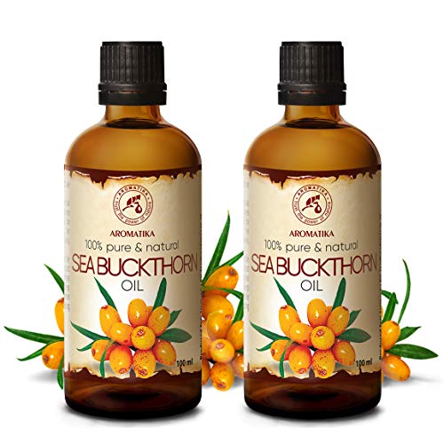 Aceite de Espino Amarillo 2x100ml - Prensado en Frío - Aceite de Hippophae Rhamnoides 200ml - 100% Puro & Natural - Botella de Cristal - Cuidado Intensivo para Rostro - Cabello - Piel - Corporal