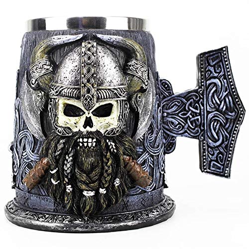 Acero Inoxidable Jarra de Cerveza cráneo, Vikingo Guerrero del cráneo Taza Taza del Vintage, café/Taza de Ron Mejor Regalo de cumpleaños de Halloween 600ml [20,3 oz] (Color : 600ml)