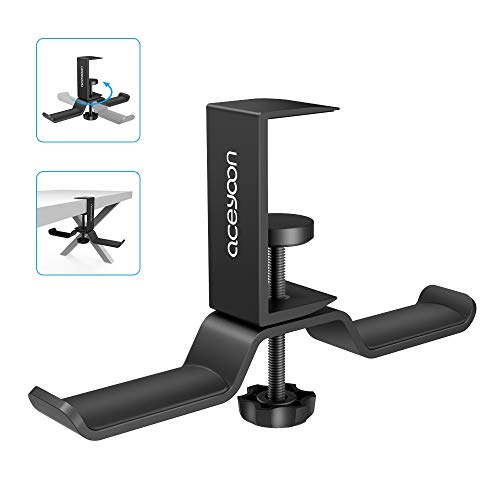 aceyoon Headphone Stand, Soporte Auriculares Ajustable Soporte Cascos Rotación de 360 ° Soporte Auriculares debajo mesa Fácil de Instalar Soporte para Cascos, Auriculares Gaming, y más (Negro)