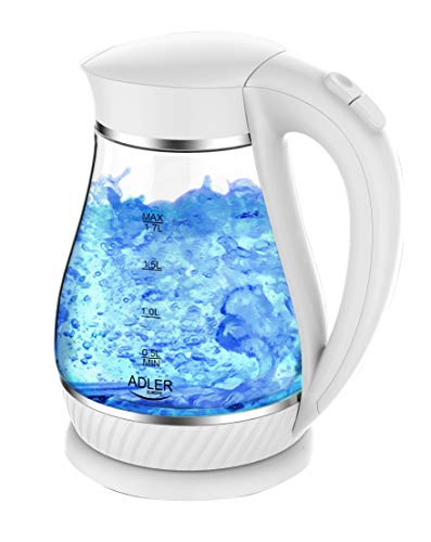 Adler AD1274 Hervidor de Agua Eléctrico de Cristal, 1,7L, 2200W, Iluminación LED, Libre de BPA, 2200 W, 1.7 litros, Vidrio, Blanco