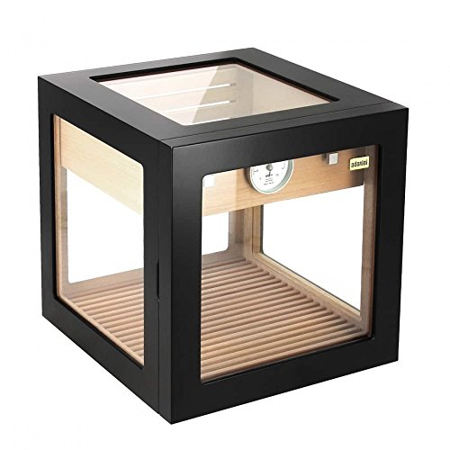 ADORINI Cube Deluxe Black - Humidor de madera de cedro español para hasta 100 puros con higrómetro de cabello y sistema de humidificación.