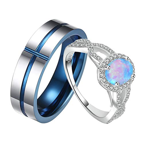 AnazoZ Anillo Acero Inoxidable Parejas Plata Redondo Oval Circonita Azul Talla Mujer 17 & Hombre 27