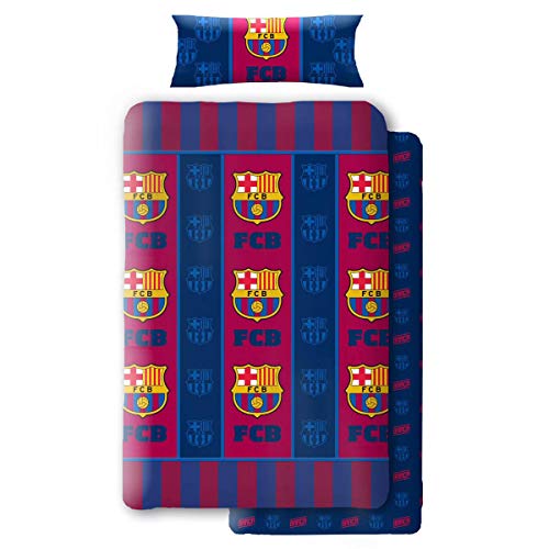 Asditex Juego de Sábanas Coralina F.C. Barcelona, 3 Piezas (1 Sábana Encimera, 1 Funda de Almohada y 1 Sábana Bajera), Diseño con Escudos del Barcelona Azulgrana. (90 cm)