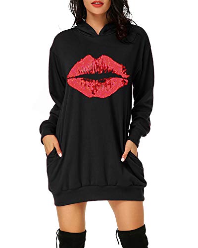 Auxo Sudaderas con Capucha para Mujer Largas Tallas Grandes Jersey Estampado Labios Manga Larga Casual Vestidos Sudadera Hoodie Negro M