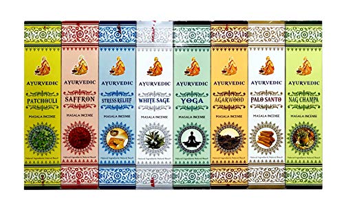 AYURVEDIC Incienso Masala de 8 (pachulí, azafrán, Alivio del estrés, Salvia Blanca, Yoga, Madera de agar, Palo Santo, nag Champa)