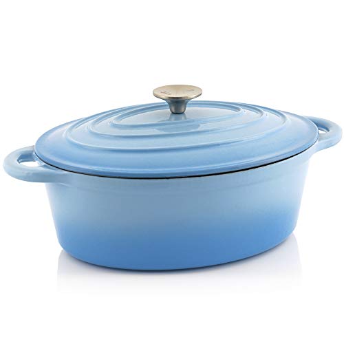 BBQ-Toro Cocotte I Cazuela de Hierro Fundido esmaltado con Tapa y Asas I 4,3 litros I Ovalada I Color Azul I Apta para inducción I BBQ I Camping I Termorresistente