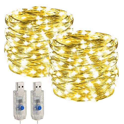 Cadena de luces ,USB Luces IP68 Impermeable[2 piezas] 2x10m 200 Leds 8 modos de iluminación luces ,para Decoración,para dormitorio, fiesta, boda, hogar, jardín, Conexión USB