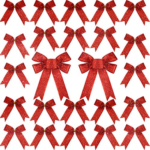 Chuangdi 36 Piezas de Lazos Brilllantes de Navidad con Lazos Giratorios Dorados Juego de Decoración de Arco para Decoración de Fiesta de Árbol de Navidad (Rojo)