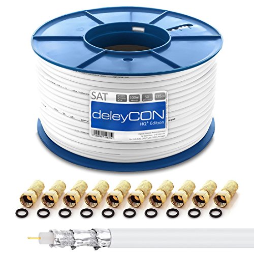 deleyCON HQ+ 100m Cable Coaxial Sat 130dB Blindado de 5 Capas DVB-S+S2 DVB-T DVB-C Cable de Banda Ancha 4K 1080p Full HD HDTV 10 Conectores F Dorados