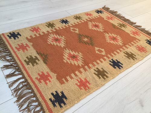 Designs Emporium Kilim - Alfombra de yute anudada a mano, color naranja indio, beige, 60 x 90 cm, estilo Marruecos