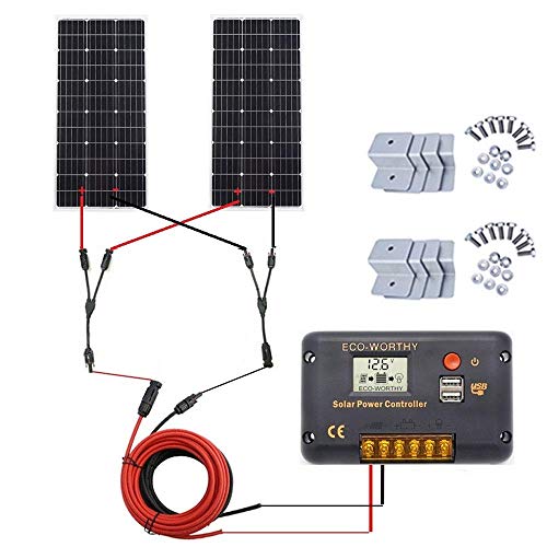 ECO-WORTHY 200 vatios (2 piezas 100 vatios) Panel solar monocristalino completo Kit de barco RV sin conexión a la red con controlador de carga LCD + cable solar + soportes de montaje