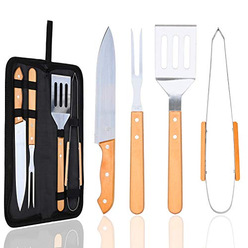 EKKONG Utensilios Barbacoa, 4 Piezas Set Parrilla Barbacoa Kit Acero Inoxidable, Accesorios Barbacoa Herramienta Portatil para Barbacoa, Regalos para Hombres (4pcs)