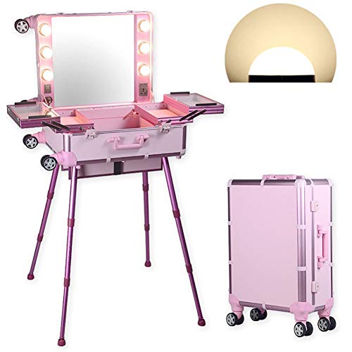 Estuche de maquillaje Trolley Estuche de belleza Estudio de maleta Espejo grande Maquillaje iluminado Mesa de maquillaje Artista cosmético plegable con 6 bombillas,Pinkwarmlight