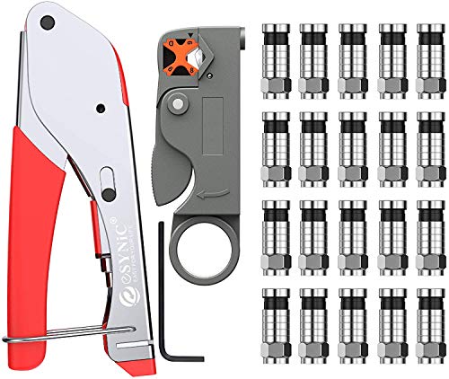 eSynic Crimpadoras Terminales y Kit de Herramienta para Cimpar Cables Coaxiales de Comprensión de Tipo F para RG-58 RG-59 RG-60 y 20 Piezas de Herramienta de Conector de Crimpado