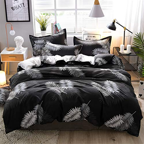 Fansu Juego de Ropa de Cama 4 Piezas, Microfibra Funda de Edredón Sábana Funda de Almohada Cremallera Diseño Funda de Almohada Conjunto De Edredón Hoja Plana (180x220cm,Hoja Blanca Negra)