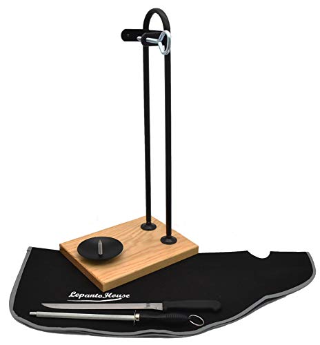 FERRETERIA LEPANTO JAMONERA Vertical + Set Negro con Base DE Madera Soporte JAMONERO Vertical + Cuchillo JAMONERO + CHAIRA + Cubre Jamon Negro para HOGAR Y RESTAURANTES LepantoHouse