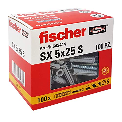 Fischer 542444 tacos con tornillo Izquierda, Gris, 5 x 25 mm, juego de 100 piezas