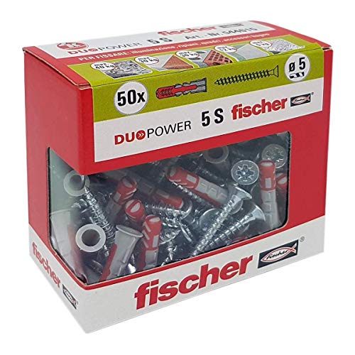 Fischer 544015 tacos con tornillo para Murature llenos, perforadas y yeso, Gris, 5 x 25 mm, juego de 50 piezas