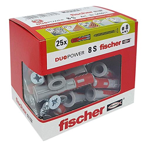 Fischer 544017 tacos con tornillo para Murature llenos, perforadas y yeso, Gris, 8 x 40 mm, juego de 25 piezas