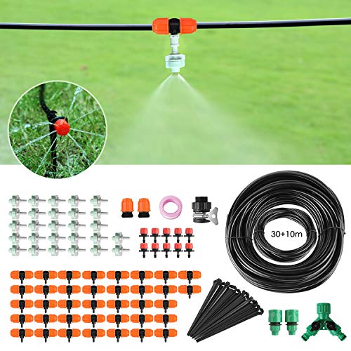 FIXKIT 40M Sistema de Riego, Kit de Riego deJardín 120PCS, Aspersor de Riego Automático con Tapón y Bboquilla Atomizadora, Adecuado para Terrazas,Patios, Invernaderos, Jardines, Céspedes, etc