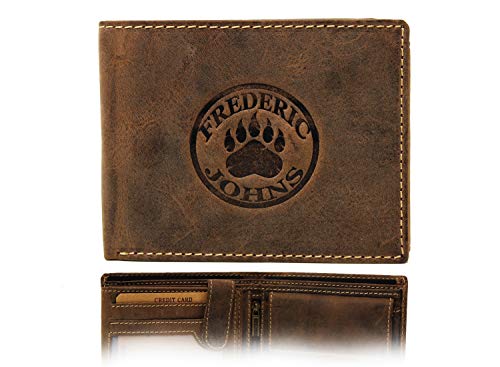 Frédéric & Johns ® - Cartera de Cuero para Hombre - Cartera Vintage - Cartera de Cuero - Cuero auténtico - Cartera RFID - 10 Tarjetas, Moneda, Billetes - Idea de Regalo - Modelo Wood (Marrón)