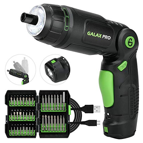 GALAX PRO Atornillador eléctrico, 3,6 V, destornillador eléctrico, ajuste a 3 posiciones, batería de iones de litio, luces LED, cable de carga USB, viene con 40 accesorios