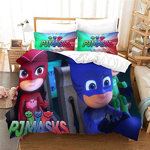 GDGM PJ Masks - Juego de cama de 3 piezas, funda nórdica de 155 x 220 cm + funda de almohada + sábana bajera ajustable PJ Masks,ropa de cama infantil de microfibra (A03,155 x 220 + 80 x 80 cm)