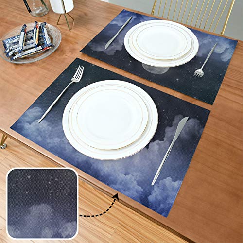 Generies Estera de Mesa de café Buenas Noches, Cielo de Luna Llena Encantadora, Juego de tapete de Mesa de 12x18 Pulgadas, Juego de 6 sábanas de algodón de impresión de Doble Tela para Mesa de Cocina