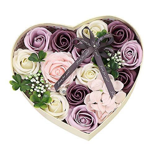 Gobesty Caja de Flores Color de Rosa, Caja de Regalo de Flor de jabón Rosa, Caja de Regalo de jabón Rosa con Tarjeta Regalo para el día de San Valentín, Regalos de cumpleaños creativos (Púrpura)