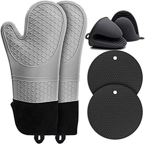 Guantes Horno, Silicona Resistente al Calor Manoplas Horno Antideslizantes, Extra Largos Guante Cocina Con Protección de Algodón, Salvamantel, Mini guante, para Barbacoa, Cocinar, Hornear, 6 PCS, Gris